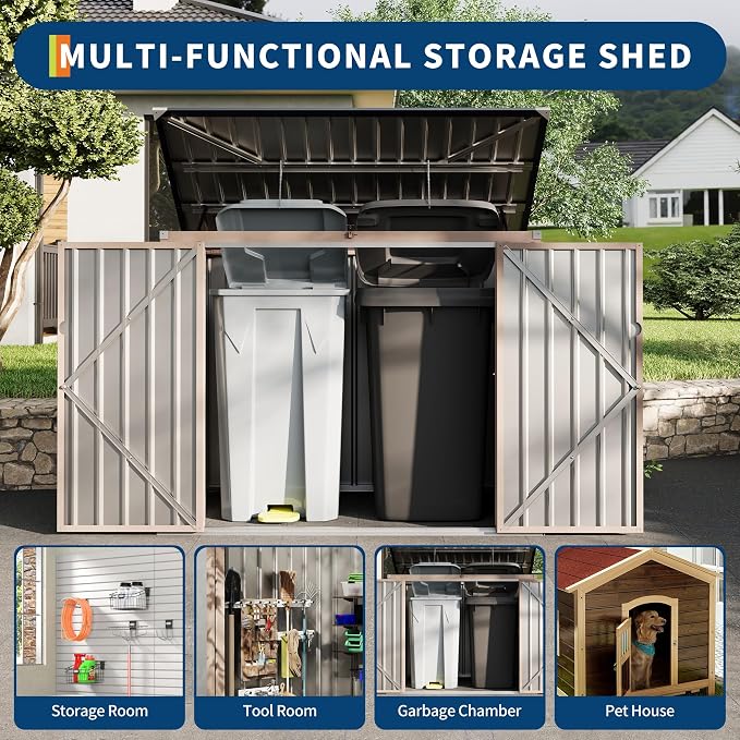 2 Trash Cans Metal Outdoor Storage, 3x6 FT Garbage Bin Storage Shed - Image 3