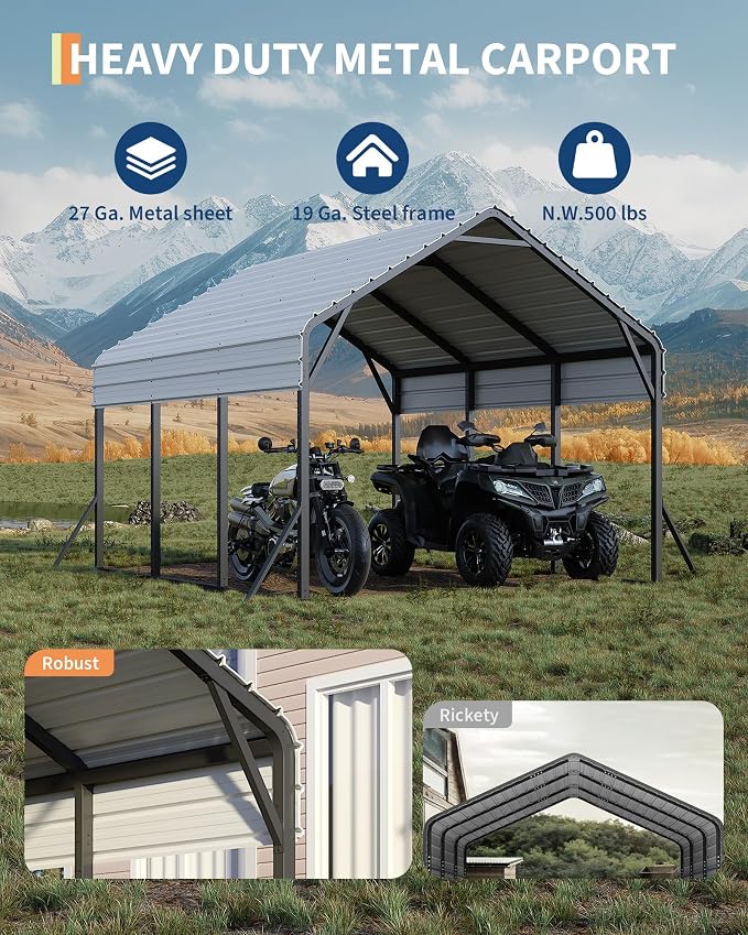 13'x16'x11' Metal Carport, Steel Heavy Duty Car Ports - Image 5