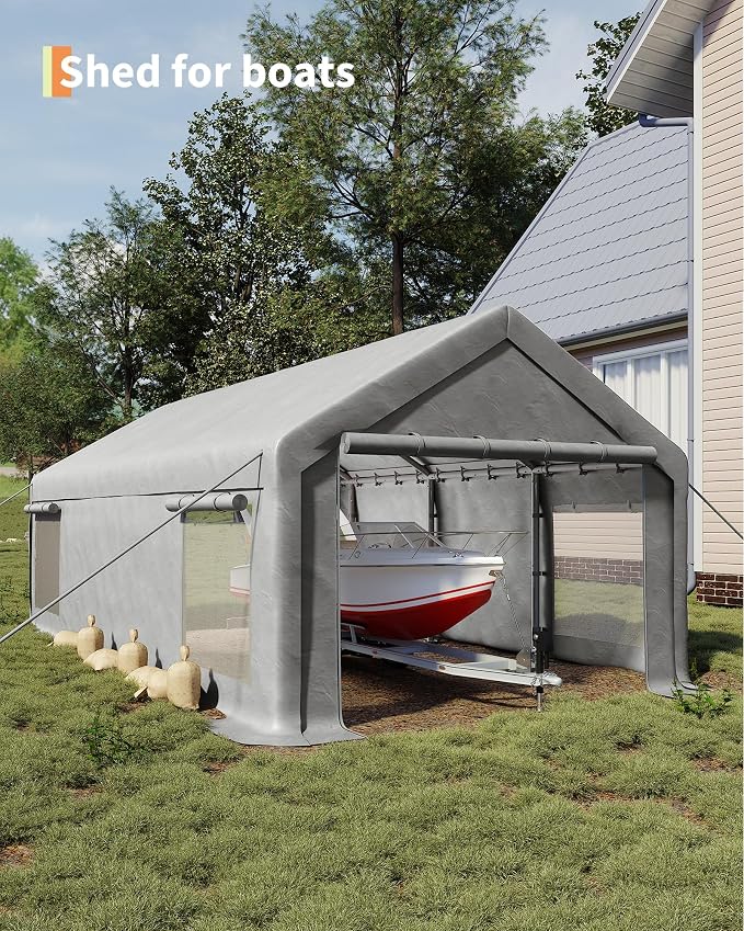 13x25 Ft Carport with 10 Sandbags, Car Port with 220g PE Tarp, 2 Roll-Up Doors - Image 6