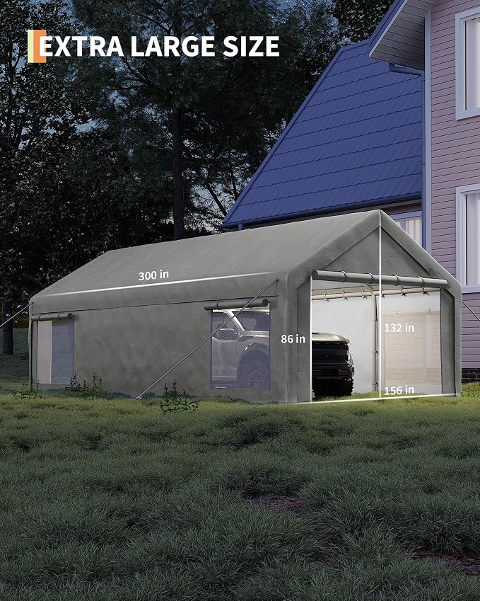 13x25 Ft Carport with 10 Sandbags, Car Port with 220g PE Tarp, 2 Roll-Up Doors - Image 3