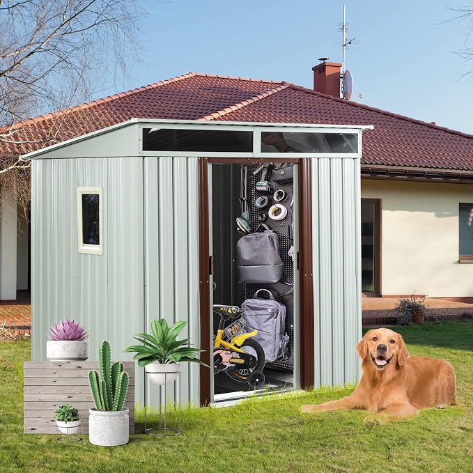 6×5 FT Outdoor Galvanized Metal Storage Shed Large Garden Sheds W/Sliding Doors - Image 2