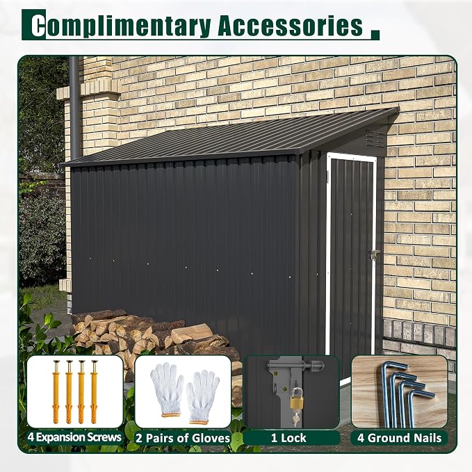 4x8 FT Outdoor Storage Shed, Lean to Metal Shed W/Floor Included, Garden - Image 7