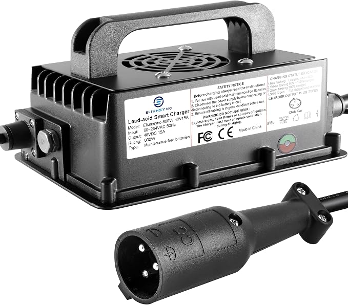 800W Lead Acid Battery Charger 48 Volt 15 AMP 3-Pin Round Plug Club Car Golf by Eliumsync