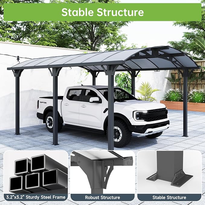 Real Relax 12x16ft Heavy Duty Metal Carport, Arch-Roof Polycarbonate Roof - Image 5