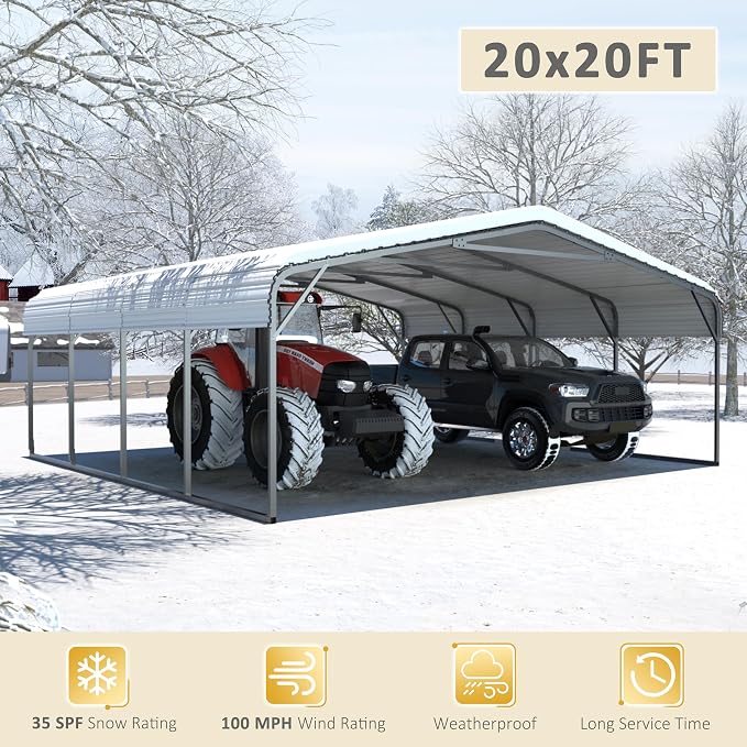 20x20 FT Carport with Metal Roof, Heavy Duty Metal Carport Canopy, Garage Car - Image 6