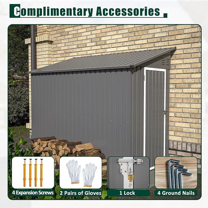 4x8 FT Outdoor Storage Shed, Lean to Metal Shed W/Floor Included, Garden - Image 9