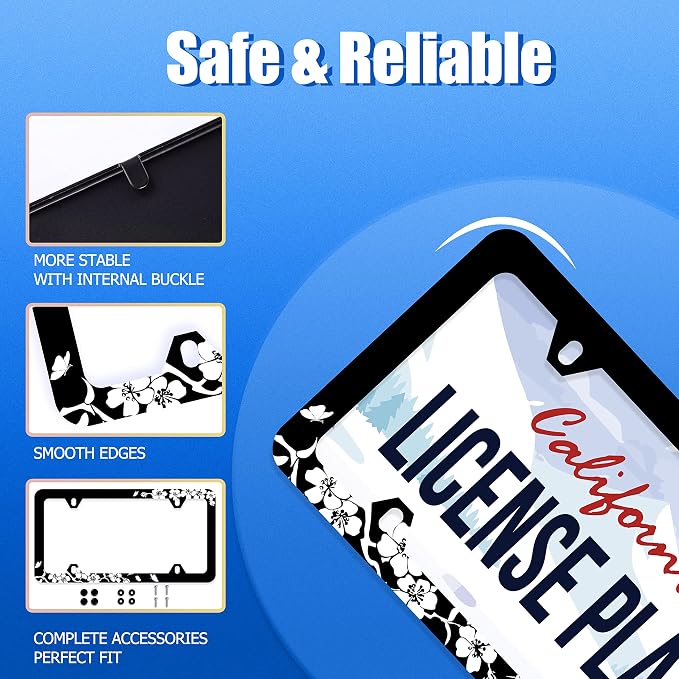 【2Pcs】 Black White Cherry Blossoms License Plate Frame Floral Flowers License - Image 2