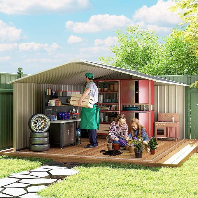 Outsunny 11' x 13' Outdoor Storage Shed, Garden Tool Metal Shed - Image 9