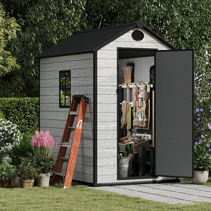 4.4x6 FT Resin Outdoor Storage Shed Large, 230 Cuft Garden Tool Sheds & Outdoor by EHHLY
