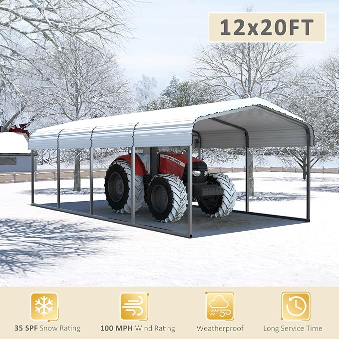 12x20 FT Outdoor Carport with Metal Roof, Heavy Duty Metal Carport Canopy - Image 3