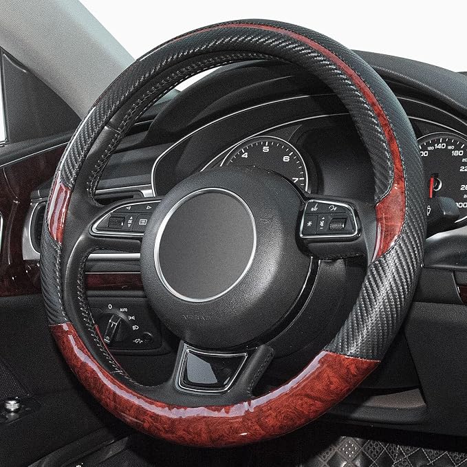 Xizopucy Wood Grain Steering Wheel Cover Red Universal Microfiber Leather - Image 2