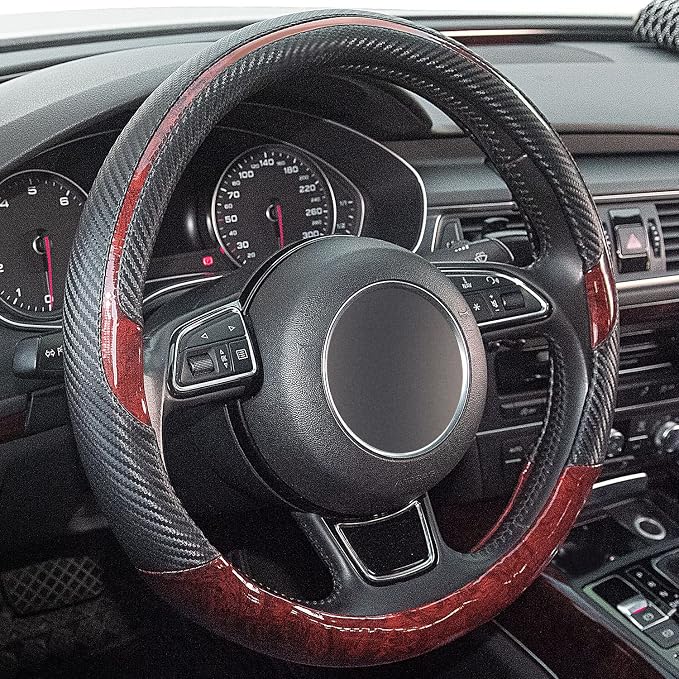 Xizopucy Wood Grain Steering Wheel Cover Red Universal Microfiber Leather by Xizopucy