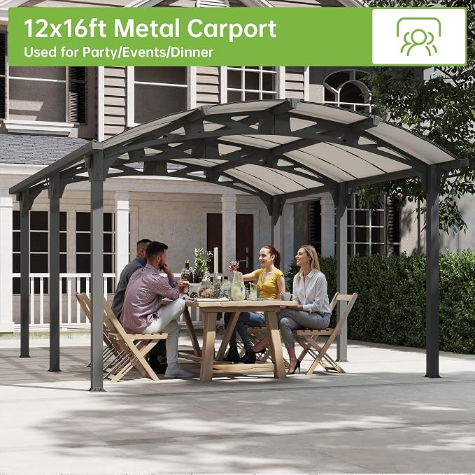 Real Relax 12x16ft Heavy Duty Metal Carport, Arch-Roof Polycarbonate Roof - Image 2