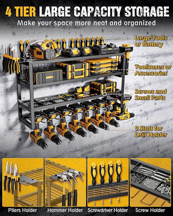 MAXIFFE 4 Layer Power Tool Organizer, 9 Drill Holder Heavy Duty Metal Wall - Image 2