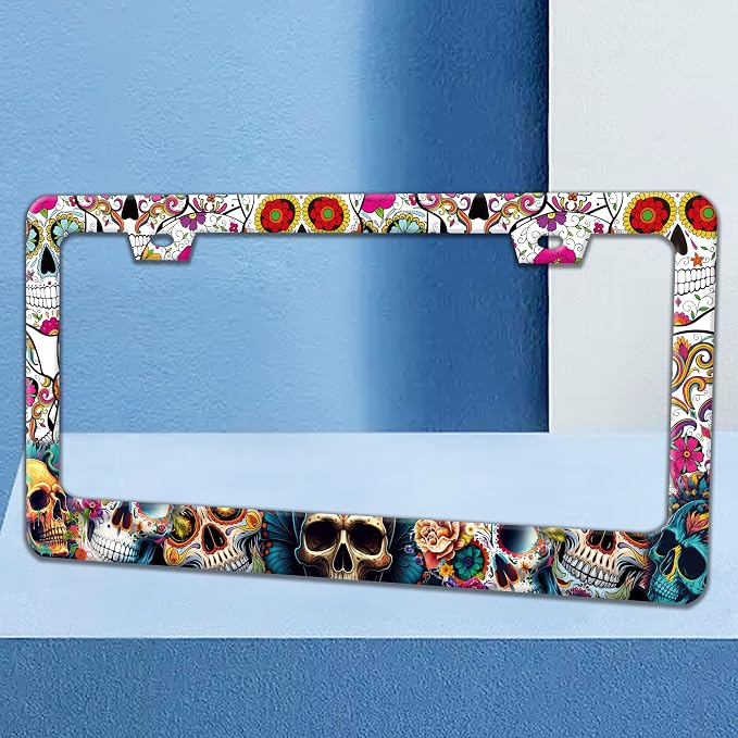 Sugar Skull License Plate Frame Skeleton Flowers License Plate Holders Funny - Image 2