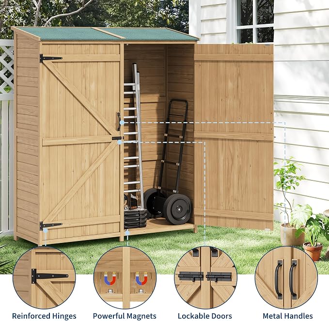Wooden Outdoor Storage Cabinet, Lockable Double Doors, Removable Shelves - Image 4