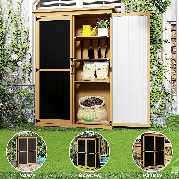 Outdoor Storage Shed with Shelf, Wood & Metal Storage Cabinet with Lockable - Image 5