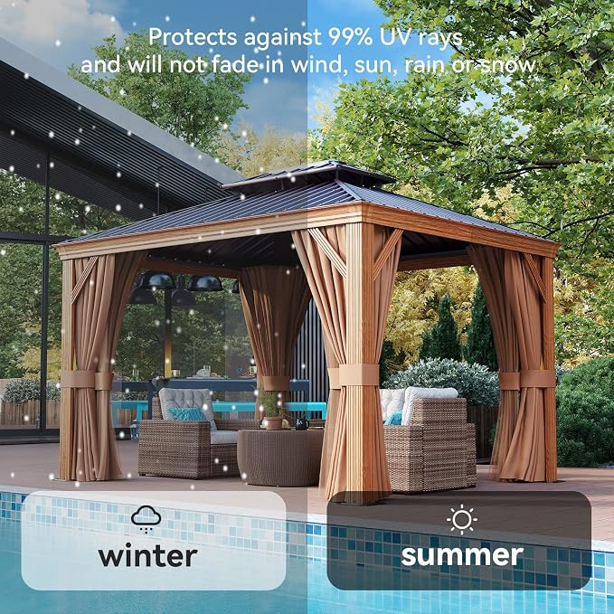 Aoxun 10' x 12' Hardtop Gazebo, Wooden Finish Coated Aluminum Frame Canopy - Image 7