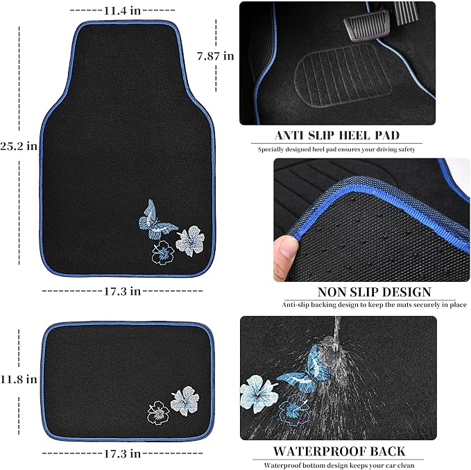 CAR PASS Blue Butterfly Car Seat Covers Full Set, Embroidered Flower Waterproof - Image 6