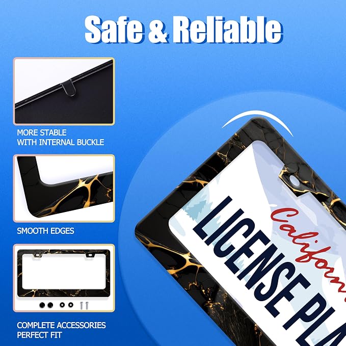 Marble License Plate Frame Black Gold Marble Printed License Plate Stainless - Image 2