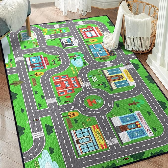 Play Rug for Playroom 59"x39" Car Mat Town City Road Map for Boys Bedroom Fun by Isyorefam
