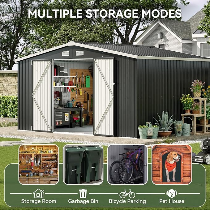 Aoxun 12x10 FT Shed Metal Outdoor Waterproof Storage Shed Steel Utility Garden - Image 7