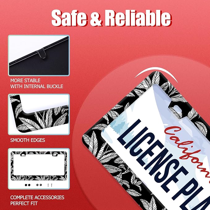Black White Tropical Leaf License Plate Frame License Plate Stainless Steel - Image 2