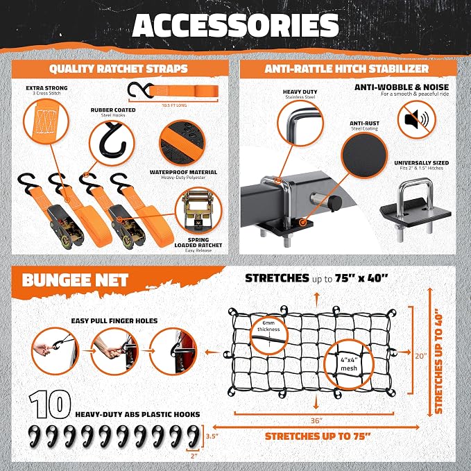 Mockins 60"x20"x6" Trailer Hitch Cargo Carrier | Weatherproof Steel Folding - Image 5