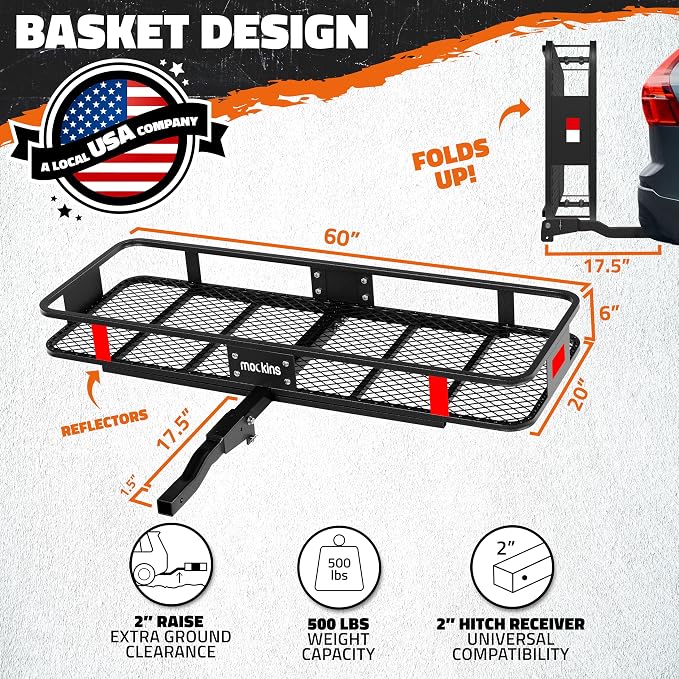 Mockins 60"x20"x6" Trailer Hitch Cargo Carrier | Weatherproof Steel Folding - Image 3